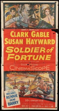 8t591 SOLDIER OF FORTUNE 3sh 1955 art of Clark Gable shooting gun, plus sexy Susan Hayward!