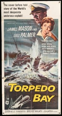 8t620 TORPEDO BAY 3sh 1964 James Mason, Lilli Palmer, awesome art of destroyer ramming submarine!