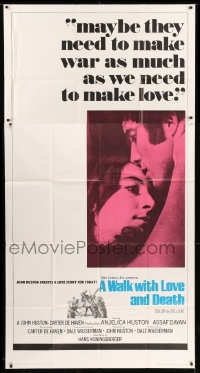 8t632 WALK WITH LOVE & DEATH int'l 3sh 1969 John Huston, Anjelica Huston romantic close up!