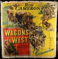 8t119 WAGONS WEST 6sh 1952 cool art of pioneers Rod Cameron & Peggie Castle in covered wagon!