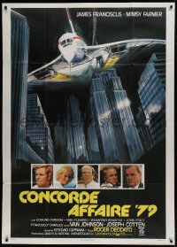 8t714 CONCORDE AFFAIR Italian 1p 1979 Ruggero Deodato, art of airplane crashing down toward city!