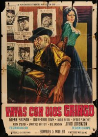 8t781 GO WITH GOD GRINGO Italian 1p 1966 art of Glenn Saxson sitting by wanted posters by DeAmicis!