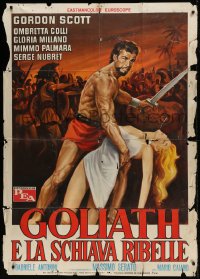 8t784 GOLIATH & THE REBEL SLAVE Italian 1p 1963 art of barechested Gordon Scott holding sexy girl!