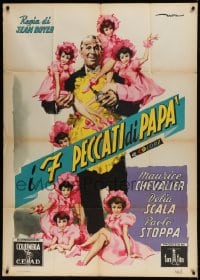 8t861 MY SEVEN LITTLE SINS Italian 1p 1954 DeSeta art of Maurice Chevalier in apron w/ tiny girls!