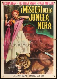 8t863 MYSTERY OF THE BLACK JUNGLE Italian 1p R1962 Ciriello art of Lex Barker by tiger in India!