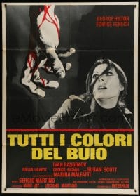 8t959 THEY'RE COMING TO GET YOU Italian 1p 1975 c/u of scared Edwige Fenech & bloody hand!