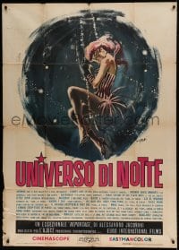 8t979 UNIVERSO DI NOTTE Italian 1p 1964 Sandro Symeoni art of sexy woman on trapeze swing!