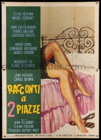 8t173 DOUBLE BED Italian 2p 1966 great artwork of sexy woman's legs on bed + neck tie on floor!
