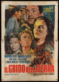 8t176 EARTH CRIES OUT Italian 2p 1949 Averardo Ciriello montage art of top stars in WWII melodrama!