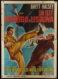 8t235 MISSION LISBON Italian 2p 1965 Ciriello art of Brett Halsey kicking gun from guy's hand!