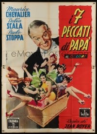 8t238 MY SEVEN LITTLE SINS Italian 2p 1954 Deseta art of Maurice Chevalier & sexy girls in basket!