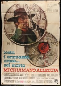 8t286 THEY CALL ME HALLELUJAH Italian 2p 1971 Ciriello spaghetti western art of George Hilton on coin!