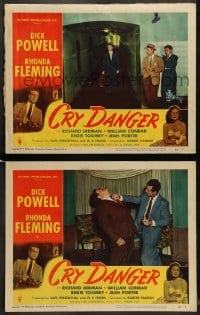 8w946 CRY DANGER 2 LCs 1951 Dick Powell punching man, sexy Rhonda Fleming in border art!