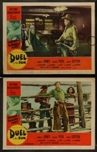 8w897 DUEL IN THE SUN 3 LCs R1960 cool image of Gregory Peck staring at Charles Bickford across bar!