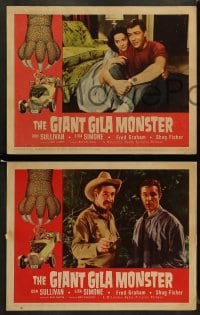 8w792 GIANT GILA MONSTER 5 LCs 1959 classic border art of giant hand grabbing teens in hot rod!