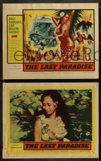 8w366 LAST PARADISE 8 LCs 1957 w/ TC art of super sexy topless island babes + men fighting sharks!