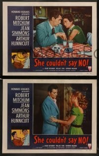 8w540 SHE COULDN'T SAY NO 8 LCs 1954 sexy short-haired Jean Simmons, Dr. Robert Mitchum!