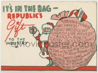 8x016 REPUBLIC PICTURES 5x7 Christmas card 1935 art of Santa with bag full of new movie releases!