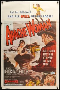 8y053 APACHE WOMAN 1sh 1955 art of naked cowgirl in water pointing gun at Lloyd Bridges!