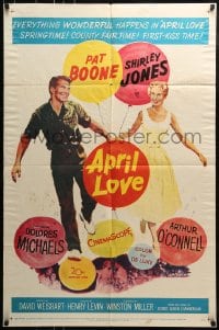 8y054 APRIL LOVE 1sh 1957 full-length romantic art of Pat Boone & sexy Shirley Jones!