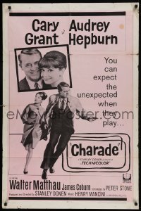 8y155 CHARADE 1sh R1968 art of tough Cary Grant & sexy Audrey Hepburn, expect the unexpected!