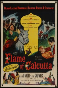 8y274 FLAME OF CALCUTTA 1sh 1953 art of horseback Denise Darcel w/sword, deadly assassins strike!