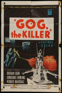 8y317 GOG 1sh 1954 sci-fi, wacky Frankenstein of steel robot destroys its makers!