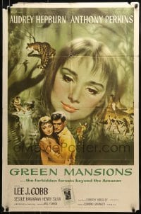 8y332 GREEN MANSIONS 1sh 1959 art of Audrey Hepburn & Anthony Perkins by Joseph Smith!