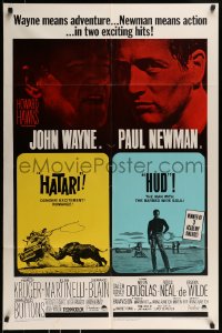 8y356 HATARI/HUD 1sh 1967 great images from John Wayne & Paul Newman double-bill!