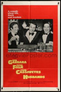 8y397 HUSBANDS 1sh 1970 Ben Gazzara, Peter Falk & John Cassavetes in tuxedos at bar!