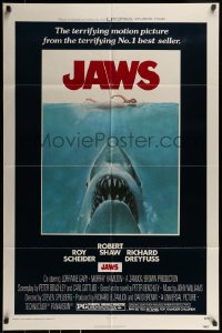 8y428 JAWS 1sh 1975 art of Spielberg's classic man-eating shark attacking swimmer!