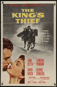 8y448 KING'S THIEF 1sh 1955 Ann Blyth romancing Edmund Purdom & art of masked Purdom on horse!