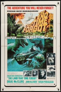 8y460 LAND THAT TIME FORGOT 1sh 1975 Edgar Rice Burroughs, cool George Akimoto dinosaur art!