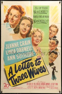 8y474 LETTER TO THREE WIVES 1sh 1949 Jeanne Crain, Linda Darnell, Ann Sothern, Kirk Douglas!