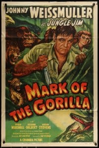8y519 MARK OF THE GORILLA 1sh 1950 artwork of Johnny Weissmuller as explorer Jungle Jim!