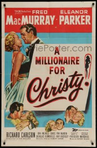 8y541 MILLIONAIRE FOR CHRISTY 1sh 1951 art of Fred MacMurray embracing pretty Eleanor Parker!