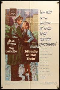 8y542 MIRACLE IN THE RAIN 1sh 1956 great romantic art of Jane Wyman & Van Johnson!