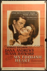 8y568 MY FOOLISH HEART 1sh 1950 romantic c/u of Susan Hayward & Dana Andrews, title song!