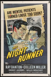 8y593 NIGHT RUNNER 1sh 1957 released mental patient Ray Danton romances pretty Colleen Miller!