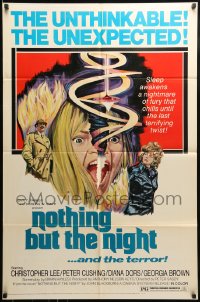 8y602 NOTHING BUT THE NIGHT 1sh 1975 Christopher Lee, really wild artwork of girl's split head!