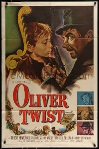 8y607 OLIVER TWIST 1sh 1951 cool art of Robert Newton threatening Davies, directed by David Lean!