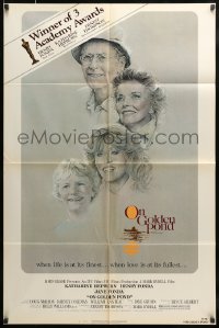 8y608 ON GOLDEN POND awards 1sh 1981 art of Hepburn, Henry Fonda, and Jane Fonda by C.D. de Mar