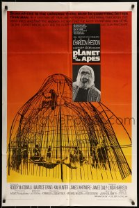 8y647 PLANET OF THE APES 1sh 1968 Charlton Heston, classic sci-fi, cool art of caged humans!