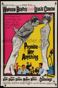 8y666 PROMISE HER ANYTHING 1sh 1966 art of Warren Beatty w/fingers crossed & pretty Leslie Caron!