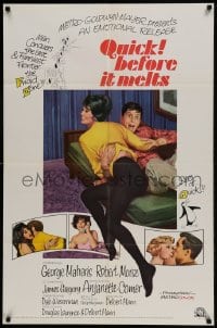 8y680 QUICK, BEFORE IT MELTS 1sh 1965 art of sexy Anjanette Comer kissing Robert Morse!