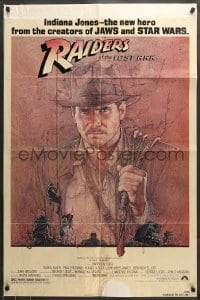 8y685 RAIDERS OF THE LOST ARK 1sh 1981 great art of adventurer Harrison Ford by Richard Amsel!