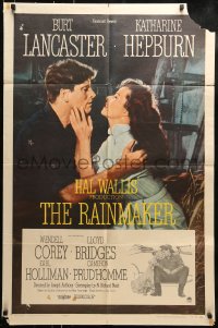 8y687 RAINMAKER 1sh 1956 great romantic close up of Burt Lancaster & Katharine Hepburn!
