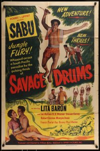 8y732 SAVAGE DRUMS 1sh 1951 great images of Sabu, new adventure & thrills, primitive passions!
