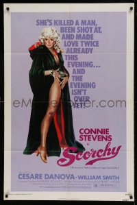 8y737 SCORCHY 1sh 1976 full-length art of sexiest barely-dressed Connie Stevens in black cape!