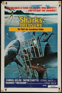 8y756 SHARKS' TREASURE style J int'l 1sh 1975 Cornel Wilde, cool images of scuba divers underwater, shark cage!